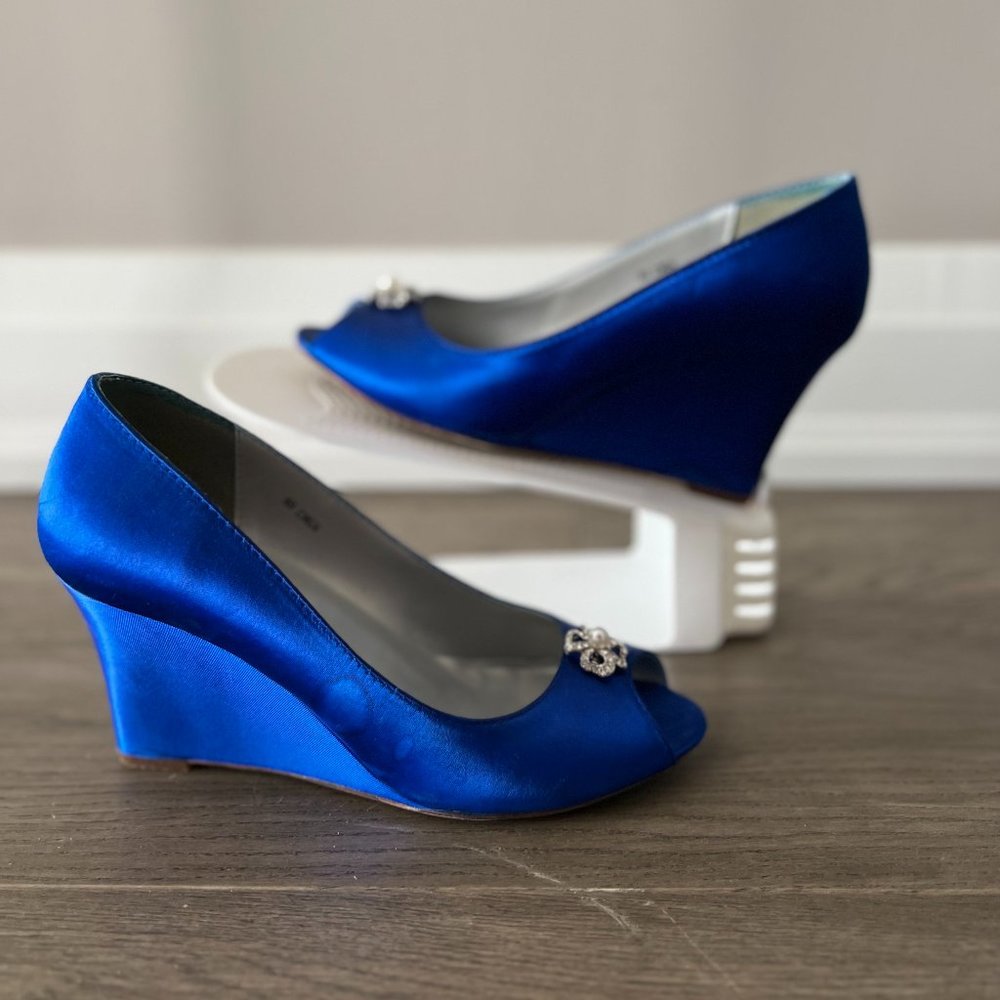 Dyeables- Blue Satin Wedge Heels with jewel embellishment. Size 8